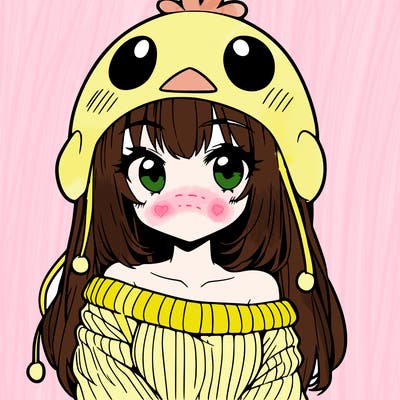 anime girl with chick shaped hat with sweater with bare shoulders with bangs covering them one eye with low tail