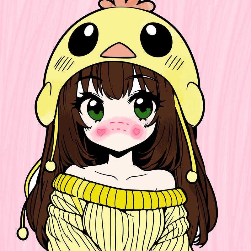 anime girl with chick shaped hat with sweater with bare shoulders with bangs covering them one eye with low tail
