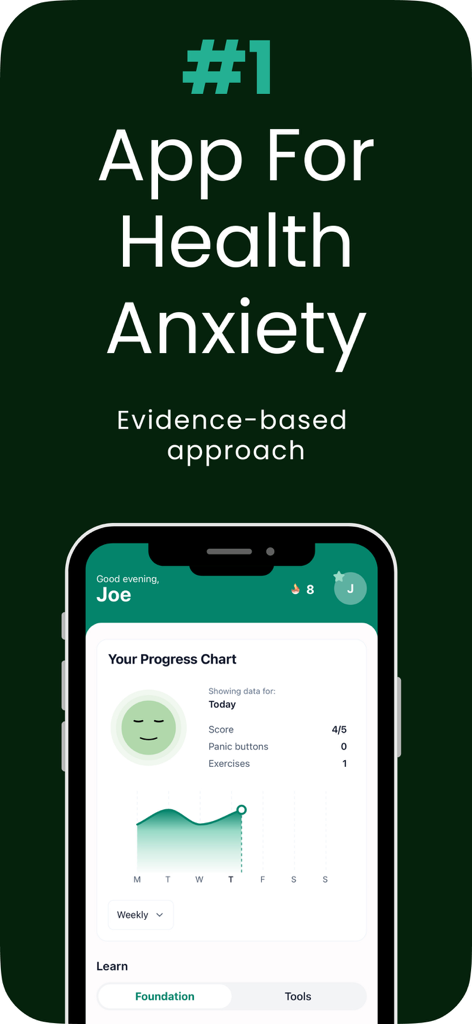 Condri app dashboard showing a user progress chart with daily health anxiety scores and exercises
