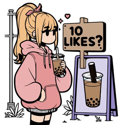 girl with oversized hoodie drinking boba and she has a high ponytail with a sign that says 10likes?