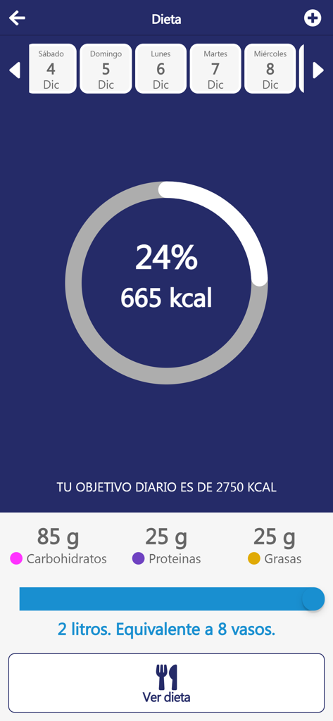 X-Fitness - X-Fitnessアプリのインターフェース、毎日のカロリー摂取量、マクロ栄養素の内訳、水分摂取量の追跡が表示されている