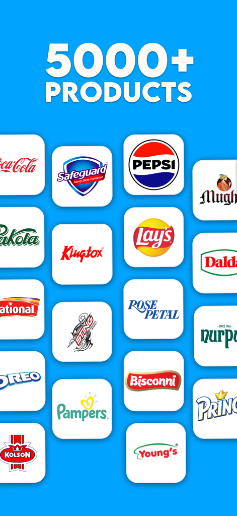 Bazaar app screen showing over 5000 products with various household and international brand logos.
