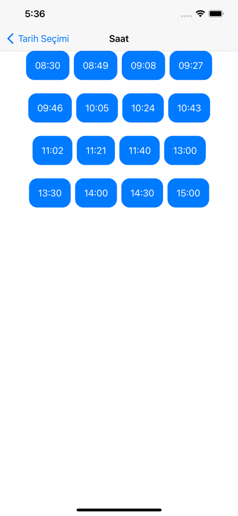 Time selection screen for hospital appointments showing available slots on blue buttons