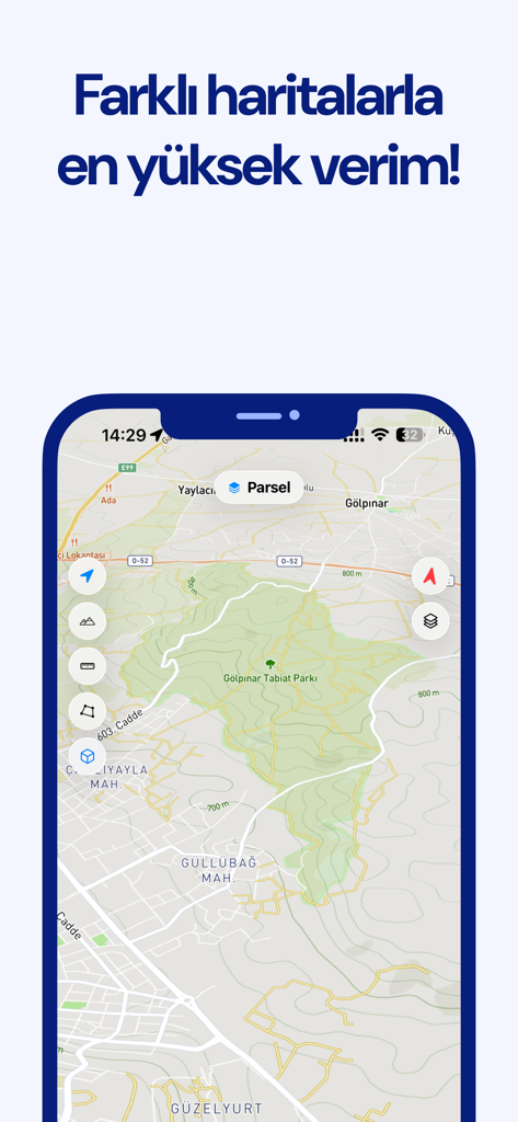 Mobile application interface displaying a topographic map of Turkey for parcel and land registry lookup.
