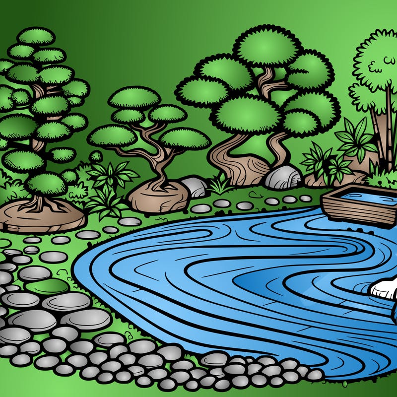a serene zen garden with raked gravel, bonsai trees, and tranquil ponds