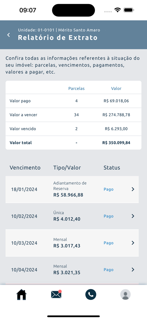 Cury Cliente. - Cury Cliente app financial statement screen with property payment details