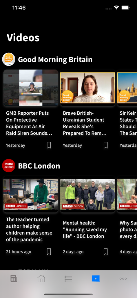 Video news section of the Breaking News UK app displaying news segments from BBC London and Good Morning Britain