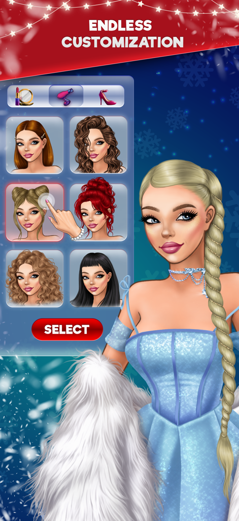 Schermata di personalizzazione del personaggio in Lady Popular che mostra diverse opzioni di acconciatura e un avatar di moda.