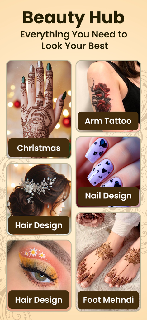 App screen showing various beauty categories including Christmas mehndi, nail art, and bridal hairstyles