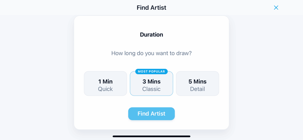 PairDrawing - Interface showing options to select a 1 minute quick 3 minutes classic or 5 minutes detail drawing session duration
