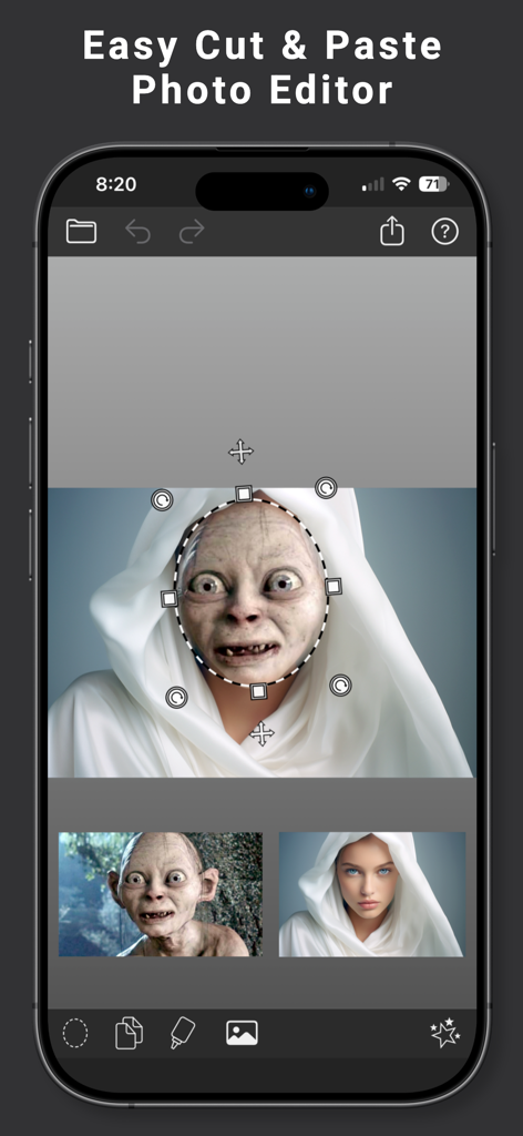 Facecopy: Face Swap Pic Editor - Facecopy app interface on iPhone showing a face swap edit between Gollum and a woman in a white hood