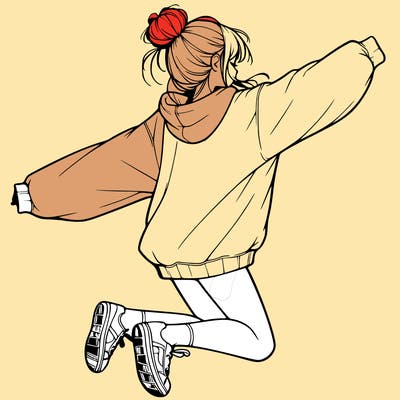 realistic girl jumping with a bun and oversized sweatshirt