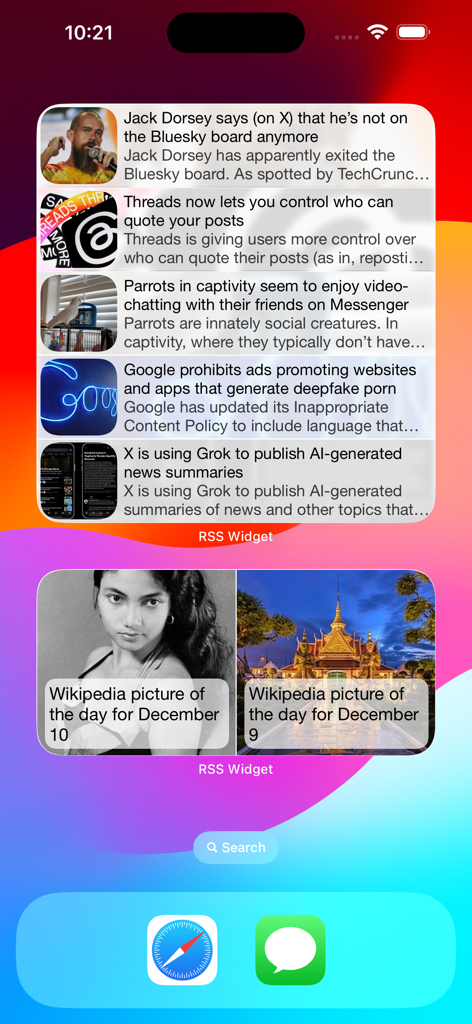 RSS Widget - Pantalla de inicio de iOS con widgets RSS personalizados que muestran titulares de noticias e imágenes de Wikipedia
