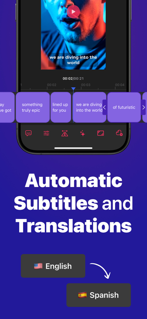 Pantalla de smartphone mostrando la generación y traducción automática de subtítulos de inglés a español en la aplicación Teleprompter for Video Pro.