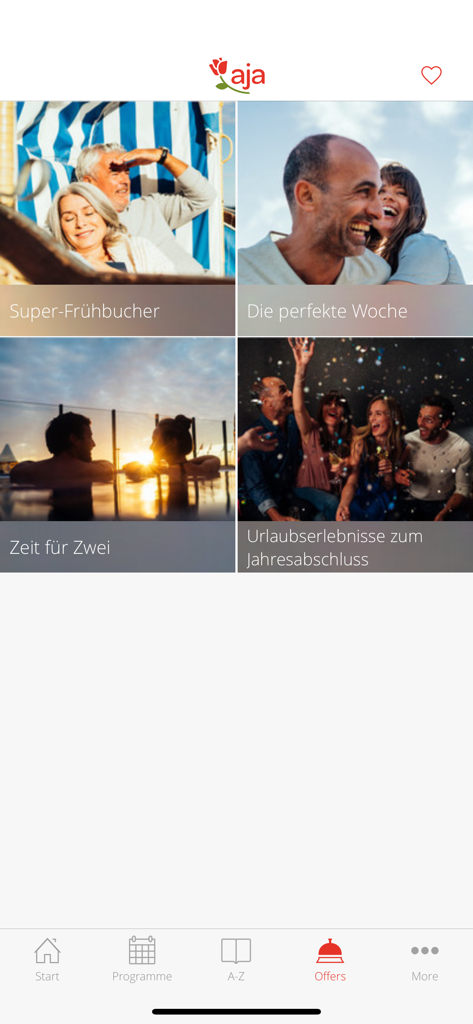 aja Resorts - Interface do aplicativo aja Resorts mostrando ofertas de férias para bem-estar e viagens em família