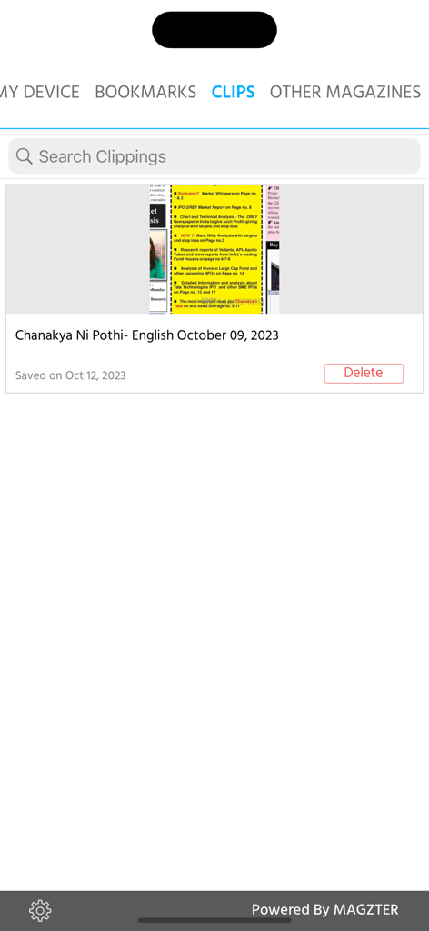 Screenshot of the Clips section in the Chanakya Ni Pothi app showing a saved financial investment report