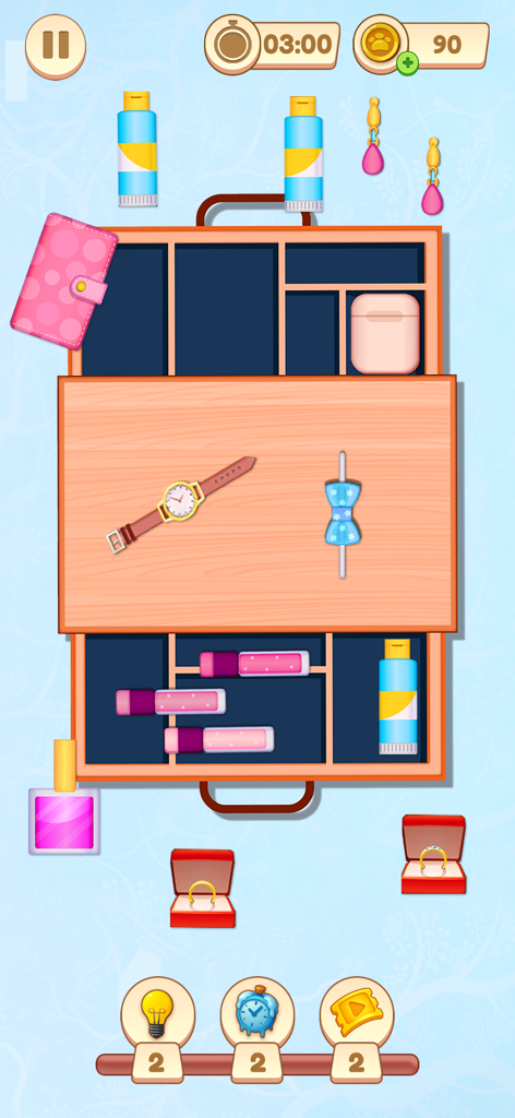 Little Right Organizer Puzzle - A wooden organizer box being filled with jewelry and accessories in the Little Right Organizer Puzzle game.