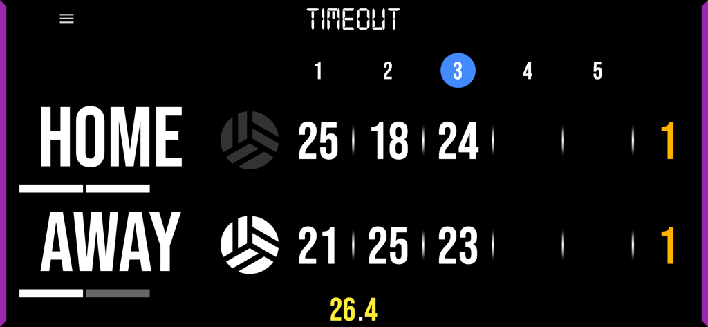 BT Volleyball Scoreboard - BT Volleyball Scoreboard app screen displaying team scores and active timeout timer