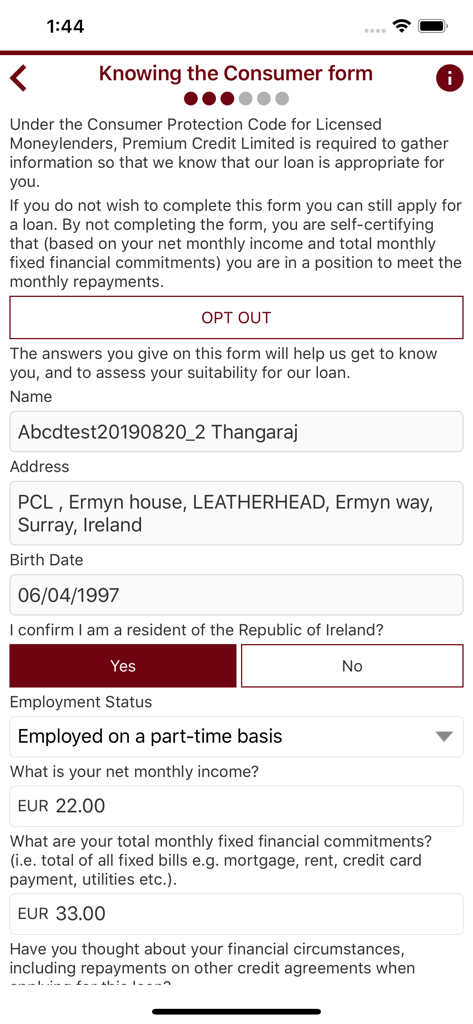 Premium Credit - eJourney - Screen showing the Knowing the Consumer form within the Premium Credit eJourney app
