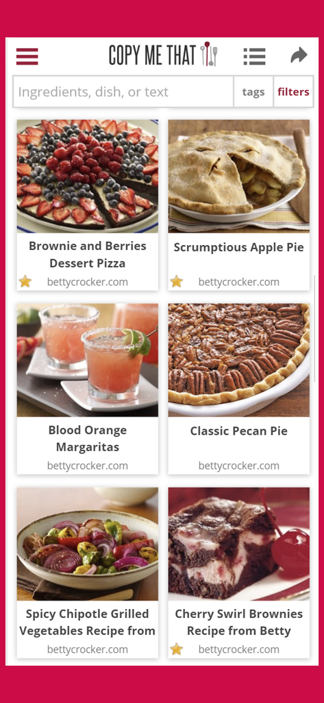 Copy Me That recipe manager - Grid view of saved recipes with photos and titles in the Copy Me That app