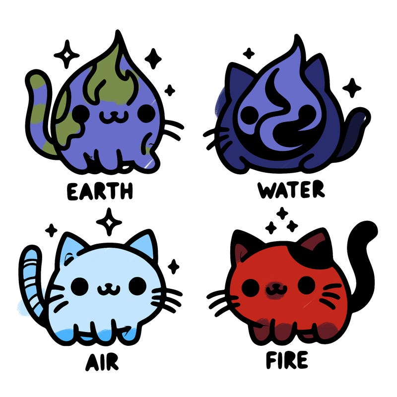 4 cats that represent the different elements, earth, water, air, and fire