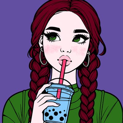 realistic girl with braided hair drinking boba