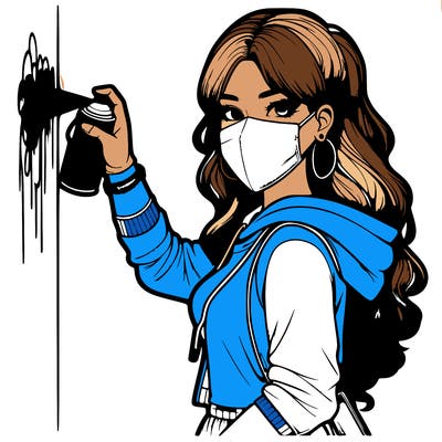 realistic girl with mask spray painting a wall