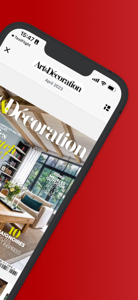 Art & Decoration - Art and Decoration mobile app interface displaying the April 2023 digital magazine cover featuring French interior design inspiration