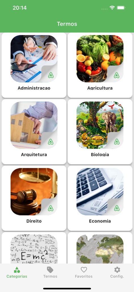 Screenshot dell'app Termini Tecnici che mostra una griglia di categorie tra cui Diritto, Biologia e Agricoltura