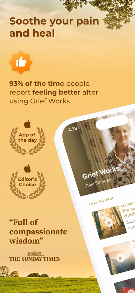 Promotional screen for Grief Works app showing its effectiveness statistics and awards from Apple and The Sunday Times.