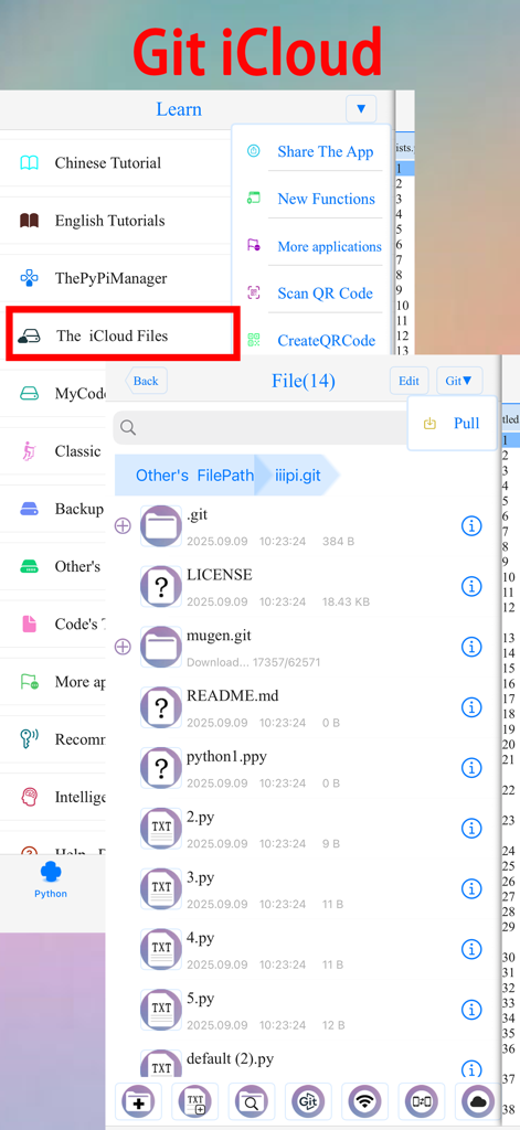 pythoni-run code,autocomplete - Pythoni mobile app interface for Git repository synchronization and iCloud file access