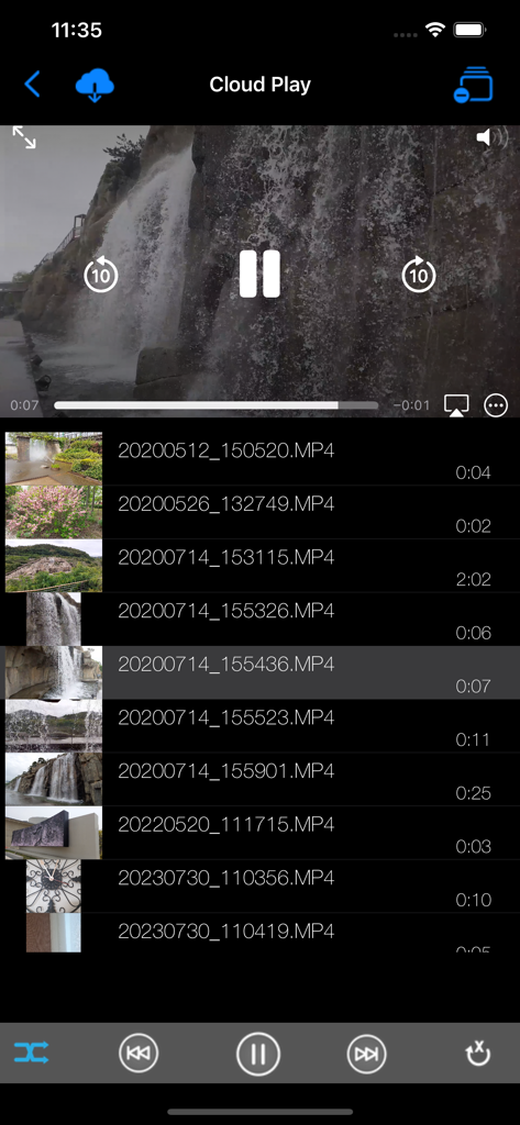 Mobile video player app showing a cloud playback interface with a list of MP4 video files and a video of a waterfall
