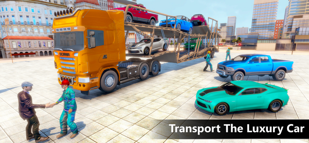 Car Transport Truck 2021 - A yellow car transport truck carrying multiple luxury sports cars in a city square