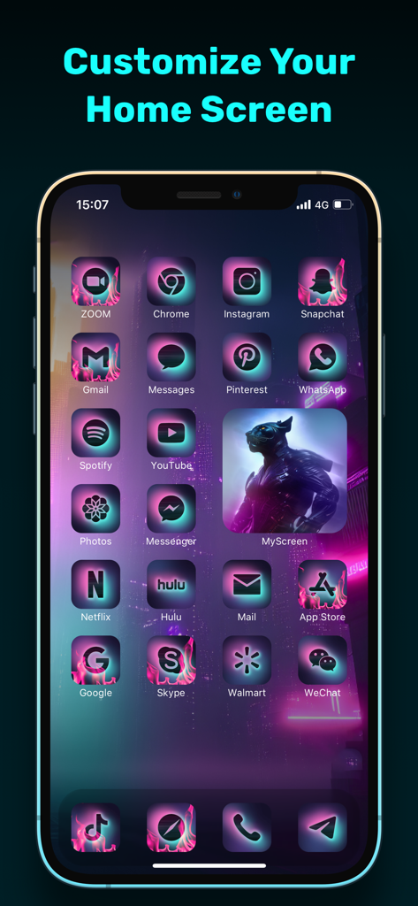 Dream Photo: AI Generator - Customized smartphone home screen with neon aesthetic app icons and an AI generated widget