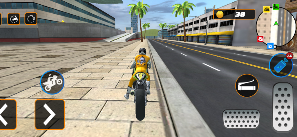 Motor Rider: Real Bike Driving - Un motociclista con traje amarillo conduciendo por una calle urbana de mundo abierto