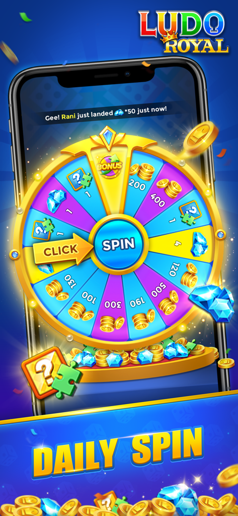 A colorful daily spin reward wheel in the Ludo Royal mobile app showing gold and diamond prizes