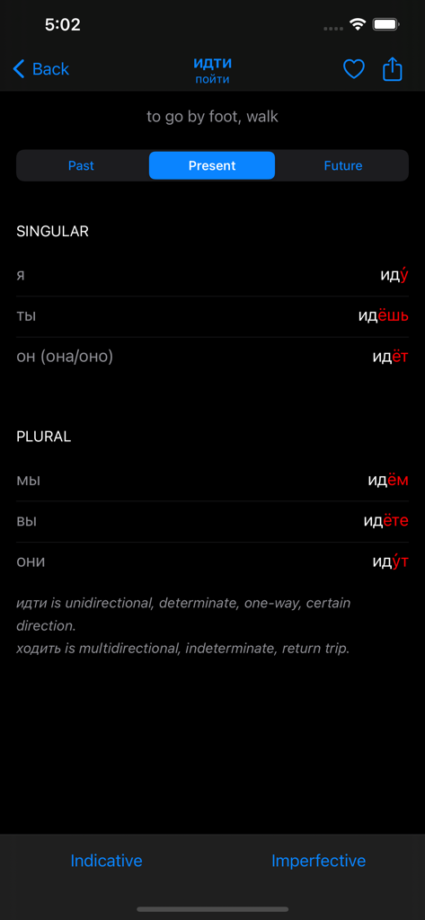 Tabella di coniugazione al presente del verbo russo 'idti' con accenti e desinenze evidenziate in modalità scura