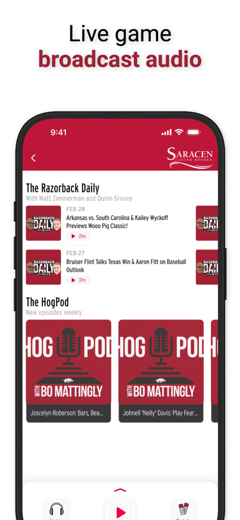 Arkansas Razorbacks - Arkansas Razorbacks app screen featuring live game broadcast audio and university podcasts