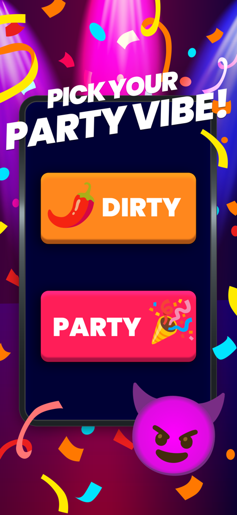 Party Game - Melo - Interface of the Melo app with options to pick between Dirty and Party game vibes