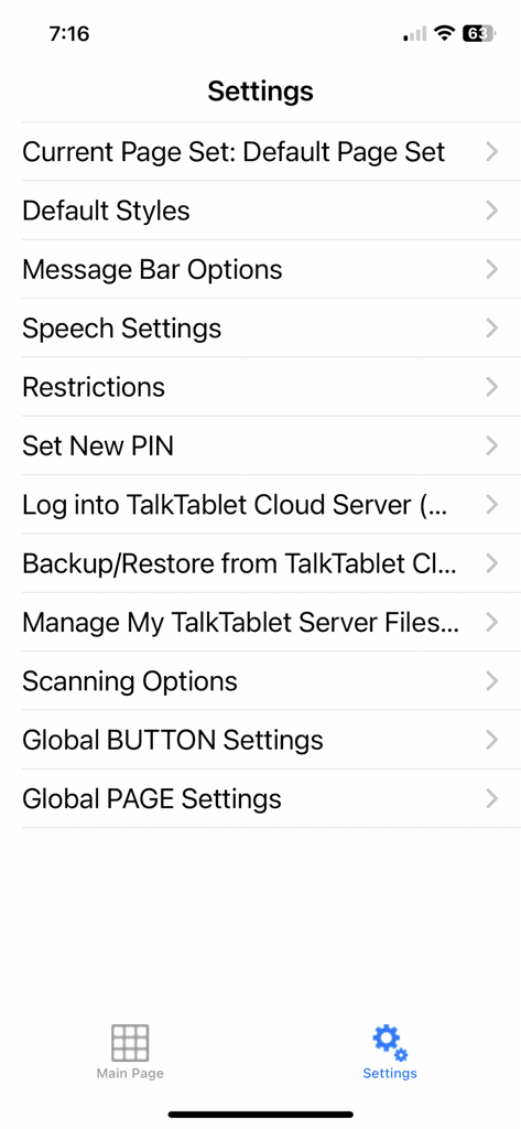 Einstellungsmenü der TalkTablet PRO-App mit Optionen für Sprach- und Seiteneinstellungen.