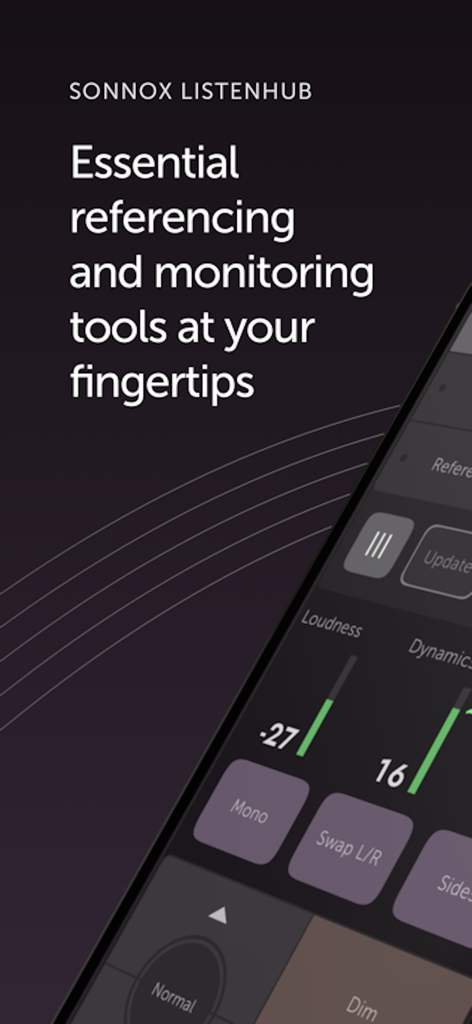 ListenHub - Sonnox ListenHubモバイルアプリのインターフェース。オーディオモニタリングとリファレンシングツールが表示されています。