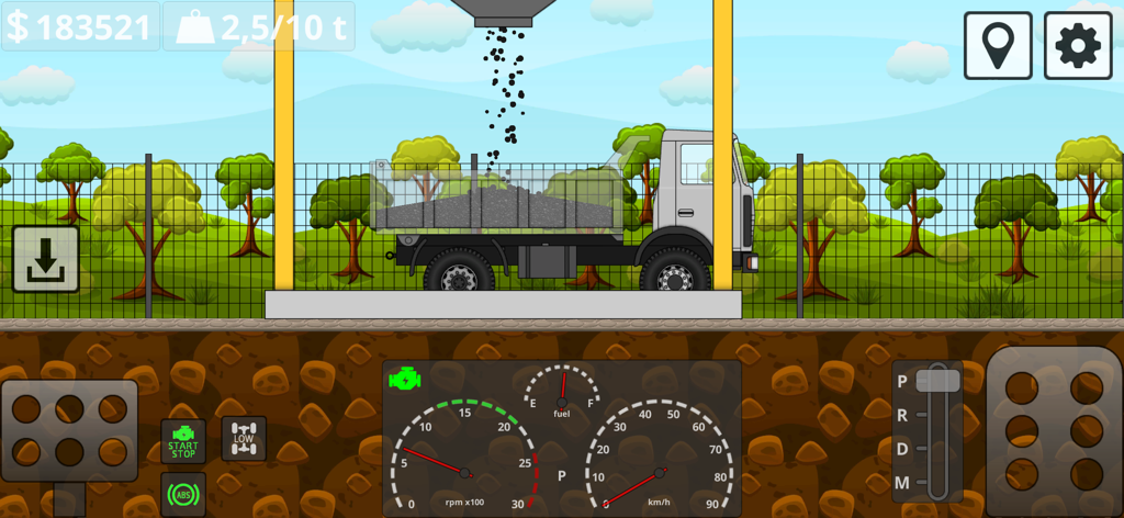 Gameplay di Mini Trucker che mostra un camion che viene caricato con merci e il suo cruscotto tecnico.