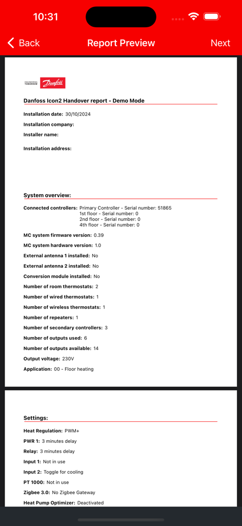 Danfoss Icon2™ - A digital handover report preview in the Danfoss Icon2 app displaying system installation details and technical configuration settings.