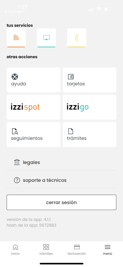 izzi - Menu screen of the izzi app showing account management and support options