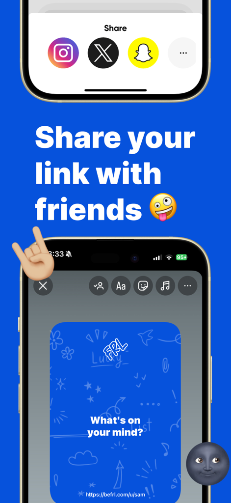 FRL - Anonymous Messages - Interface do aplicativo FRL mostrando como compartilhar um link de mensagem anônima personalizado no Instagram, Snapchat e X