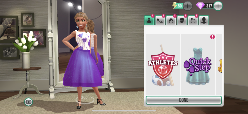 Dancing with the Stars : Game - Une femme portant une robe violette dans le menu de personnalisation de la garde-robe du jeu mobile Danse avec les stars.