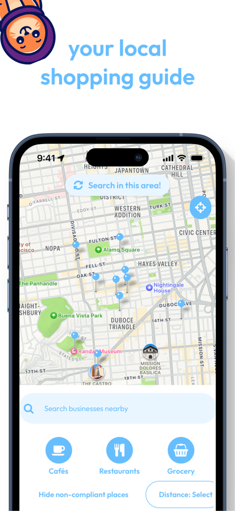 Pantalla del mapa de la guía de compras local de la aplicación móvil Boycat de Boycat con pines para cafeterías, restaurantes y supermercados éticos