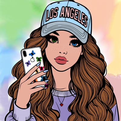 realistic beautiful girl wearing los ángeles cap holding an iphone