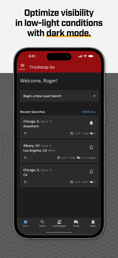 Truckstop Go - Truckstop Go mobile app interface featuring dark mode and recent load searches