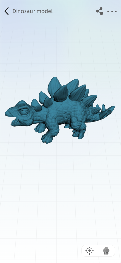 A 3D mesh rendering of a scanned stegosaurus dinosaur toy within the Creality Scan app interface